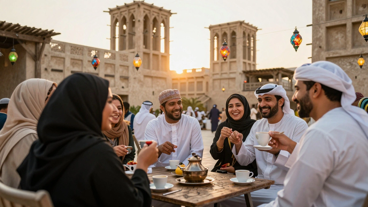 Diverse group of expats and locals socializing in a traditional Dubai courtyard at golden hour.