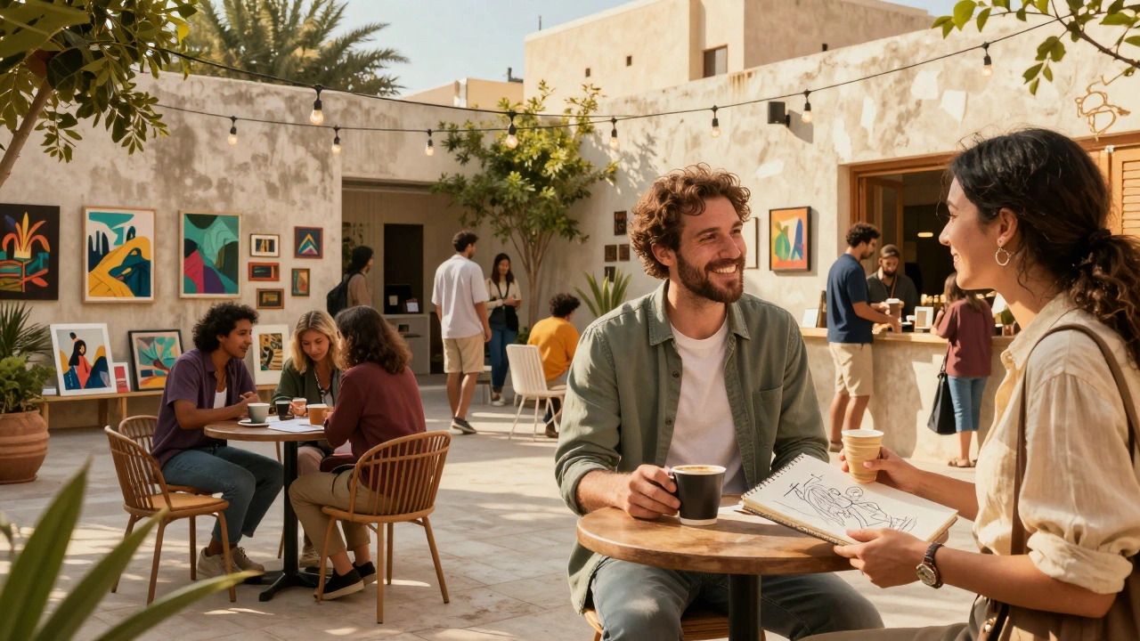 Diverse people socializing at an art venue in Dubai, enjoying coffee and conversation under warm lights.