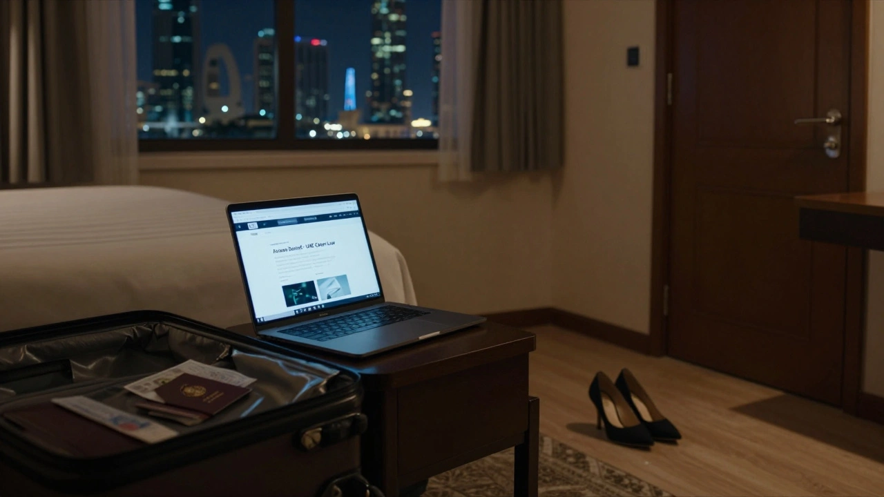 Empty hotel room in Dubai with a blocked webpage on laptop and open suitcase showing passport.