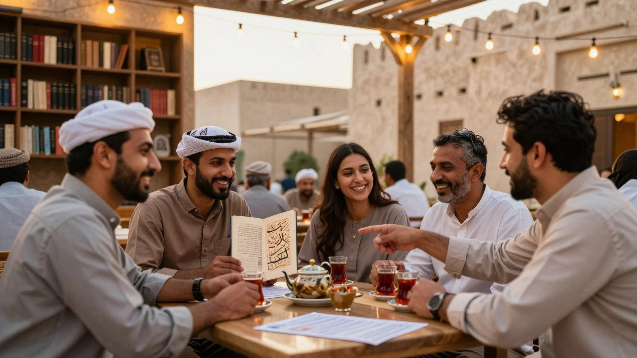 Expats socializing at a café in Al Qasba, enjoying tea and cultural conversation under warm lights.