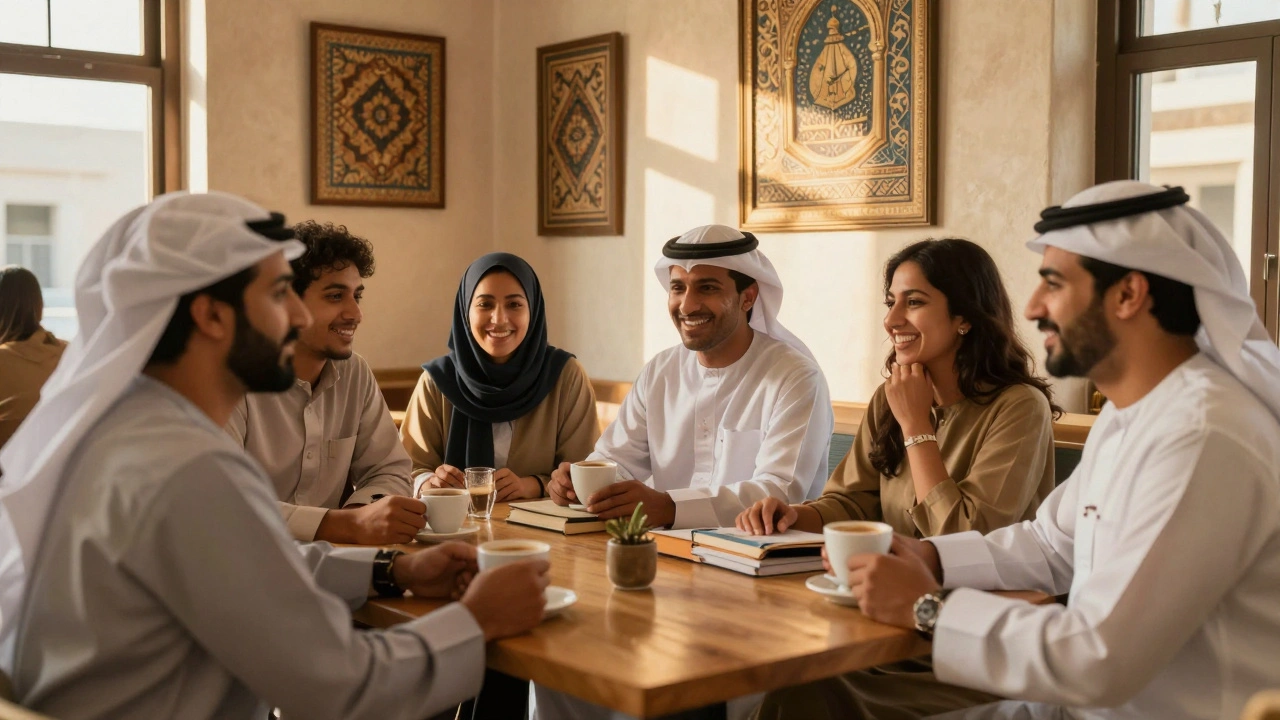 Expats socializing warmly in a Sharjah café, enjoying coffee and conversation under golden evening light.