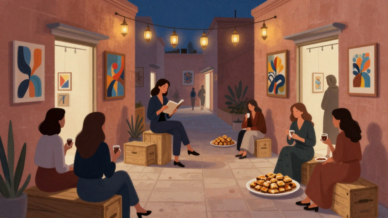 Group of women in a vibrant art district at night, reading poetry and sipping coffee surrounded by gallery lights.