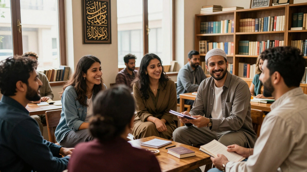 People from different backgrounds laughing and connecting at a cultural language exchange event in a library.