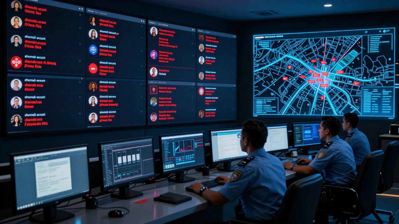 Police surveillance room with digital monitors tracking illegal online solicitation in Dubai.