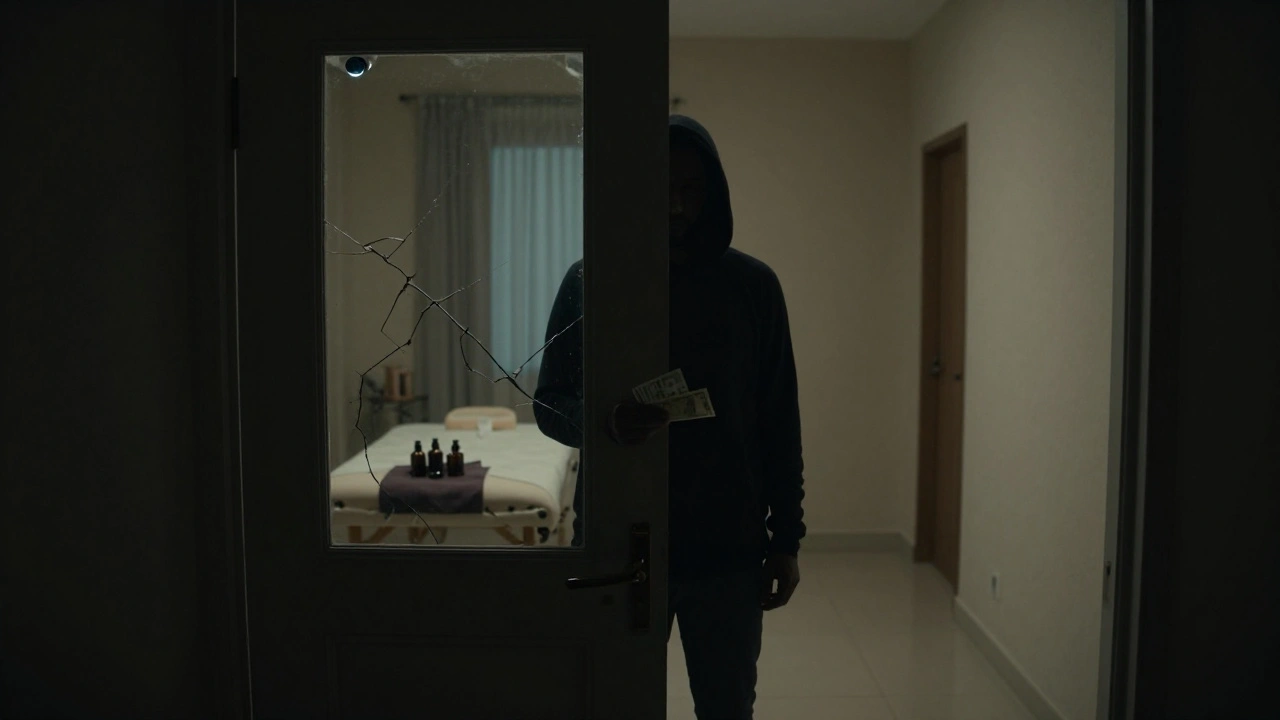 Shadowy figure outside apartment door in Dubai, holding cash, with massage table visible inside and security camera glinting.