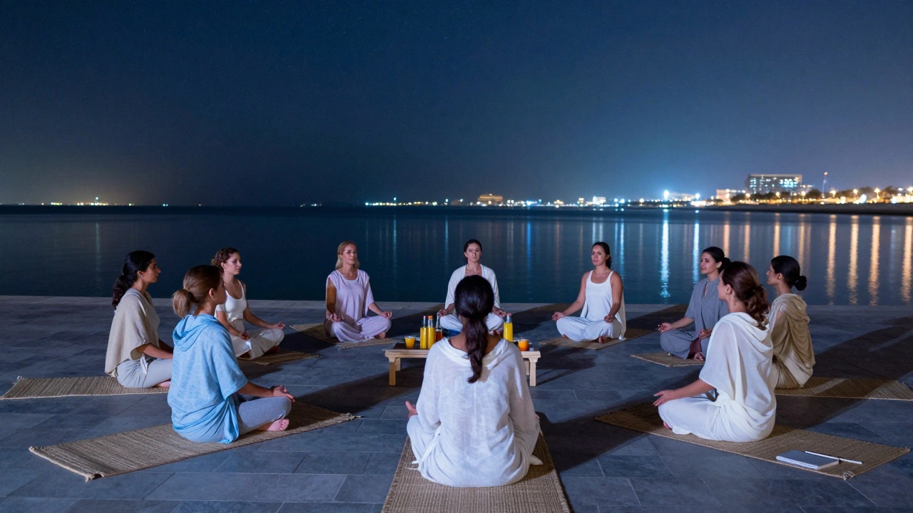 Silent yoga circle under the stars in Dubai Marina, women in flowy clothes resting peacefully after practice.