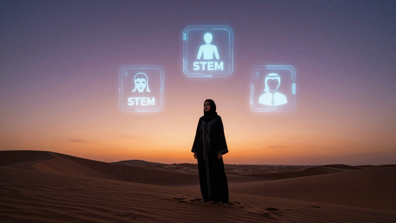 Silhouette of an Emirati woman in a traditional abaya standing on a desert dune as digital icons glow around her at sunset.