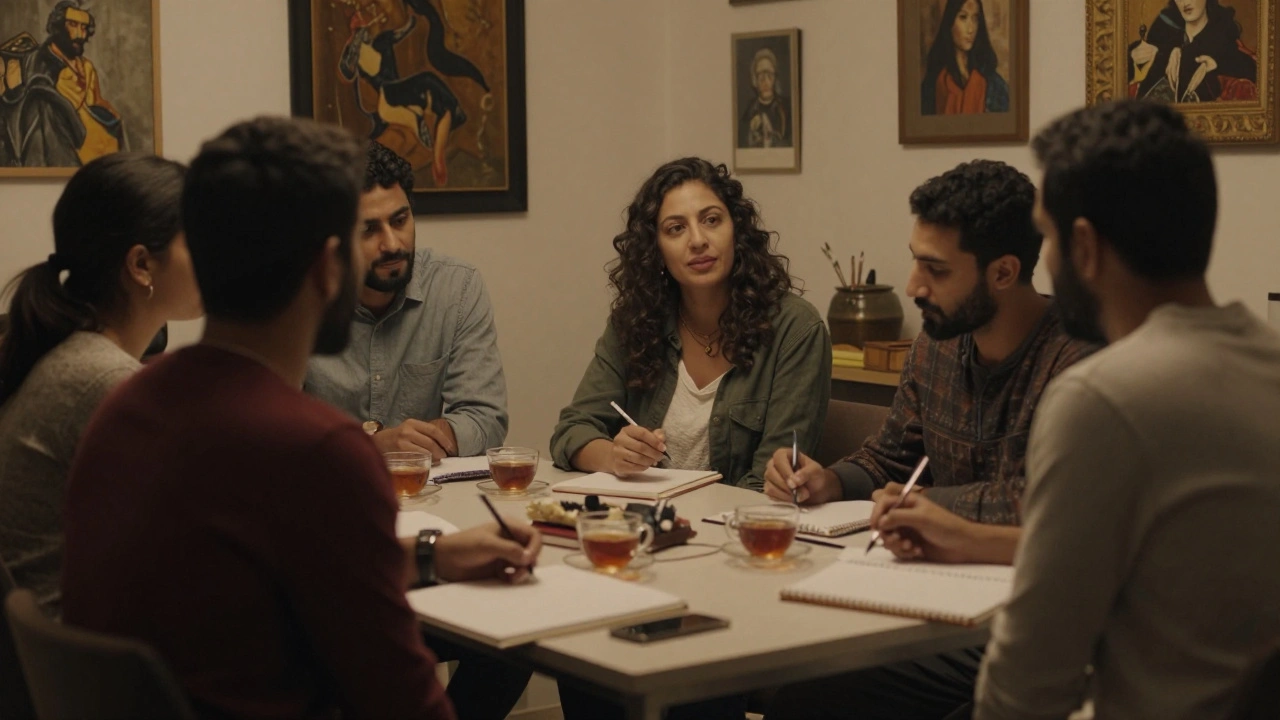 Small group of diverse expats sharing quietly in a cozy art studio at night.