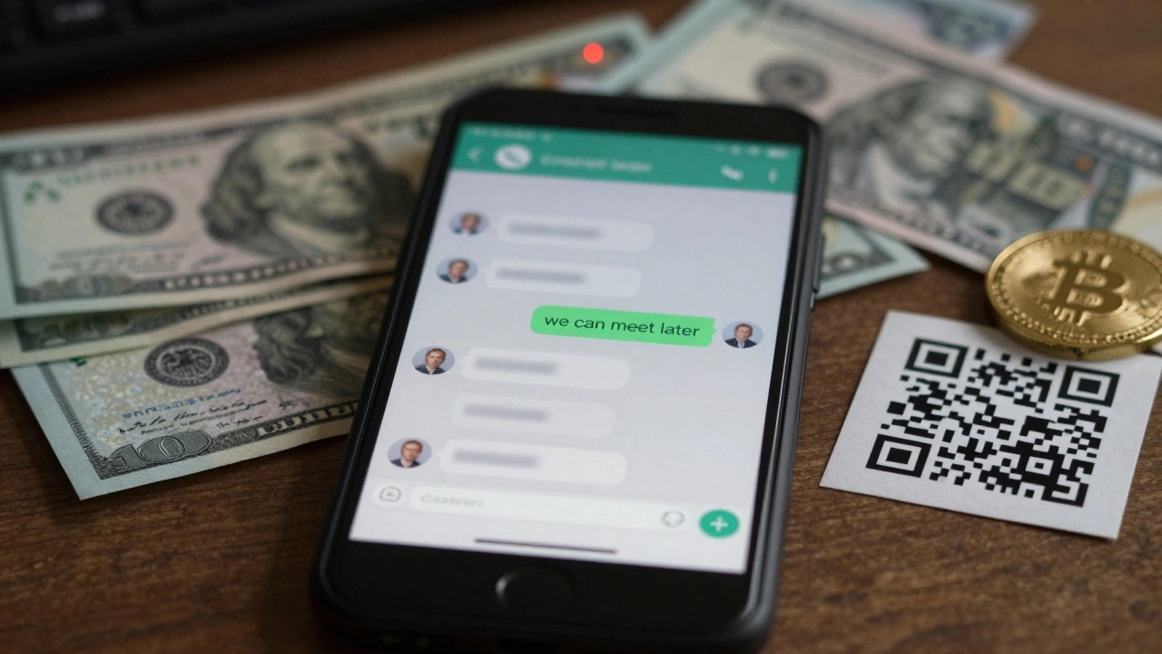 Smartphone screen showing encrypted chat with cash and cryptocurrency QR code on a wooden table.