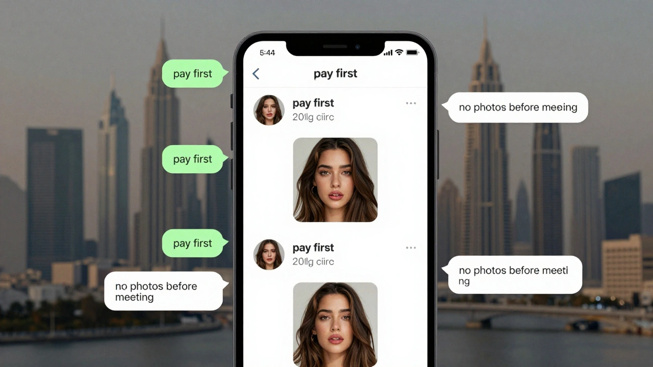 Smartphone screen showing three fake Instagram escort profiles with the same face and different prices, surrounded by warning messages.