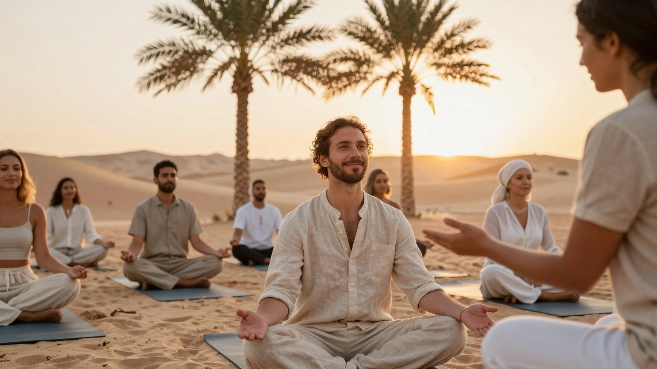 Solo traveler smiling during sunrise yoga at Dubai Hills wellness retreat, surrounded by peaceful guests and palm trees.