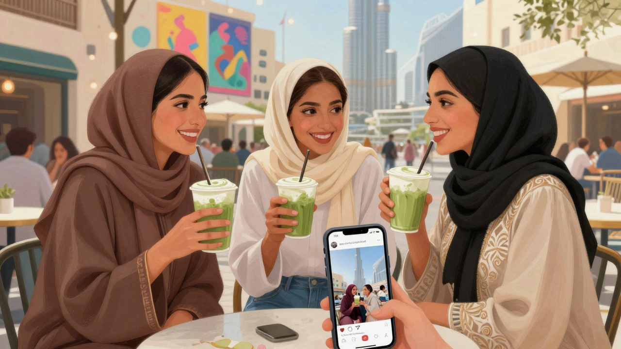 Three Emirati women laughing together at a café in Dubai, smartphones and coffee cups on the table.