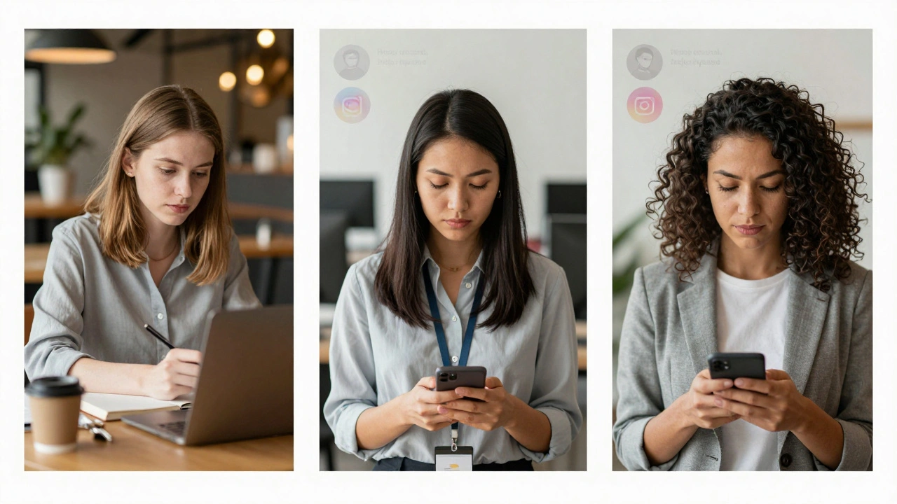 Three women from different countries shown in daily life settings with subtle digital profile overlays.