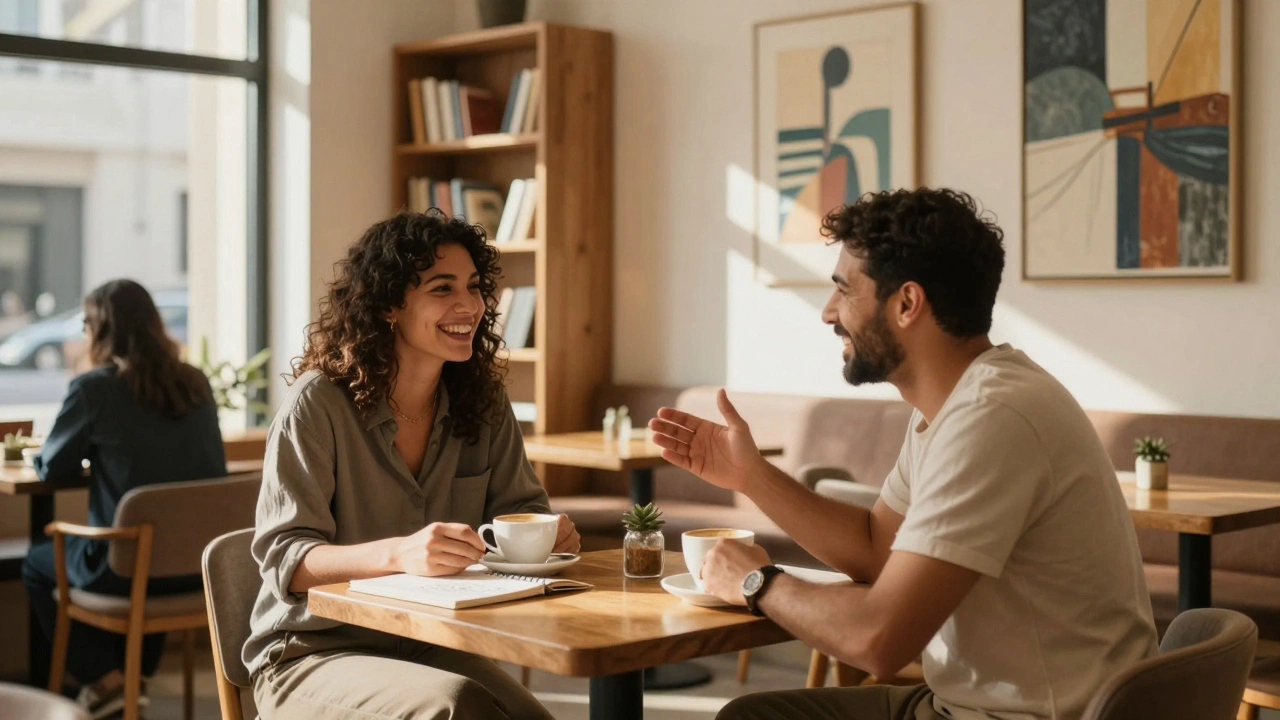 Two expats having coffee at a quiet Dubai art cafe, sharing a warm, genuine moment.