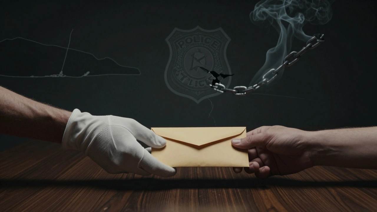 Two hands passing an envelope in shadow, with faint outlines of a coastline and broken chain.