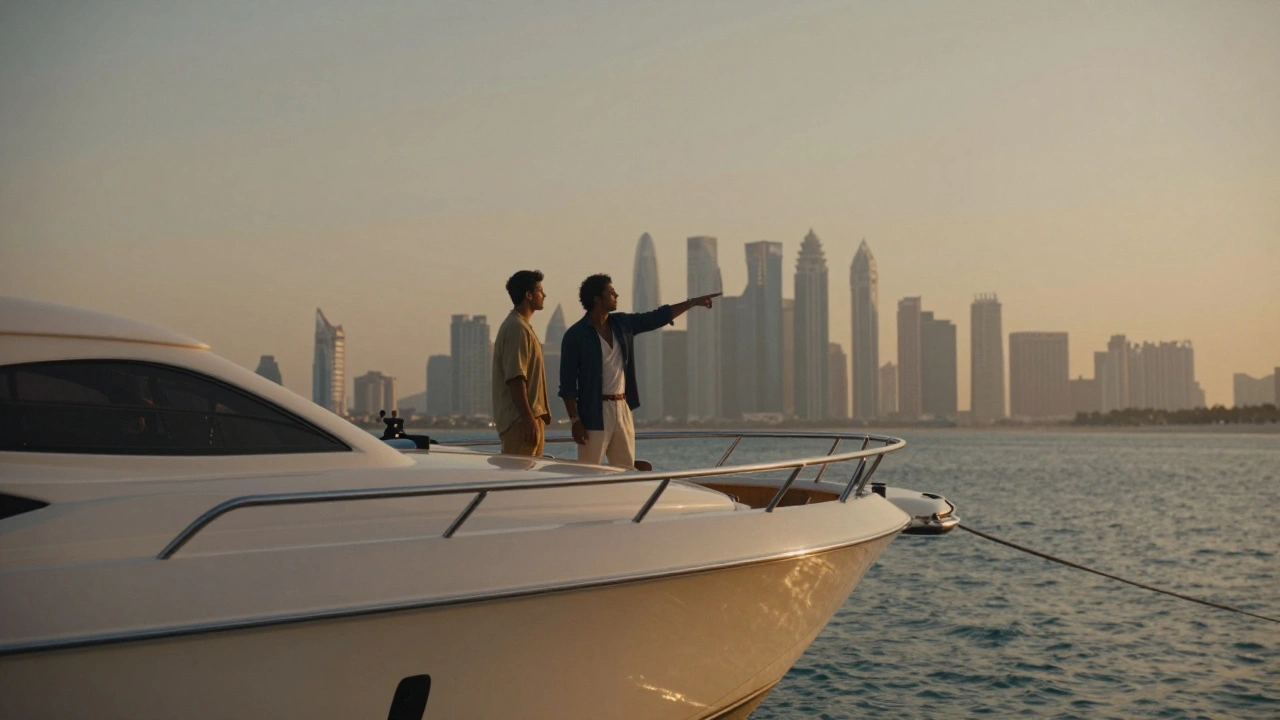 Two individuals on a private yacht at sunset, gazing at Dubai’s skyline with calm, intimate body language.