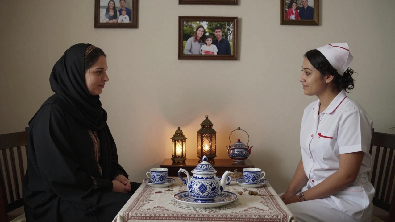 Two women and a man sharing tea in a modest home, surrounded by cultural details and warm lighting.