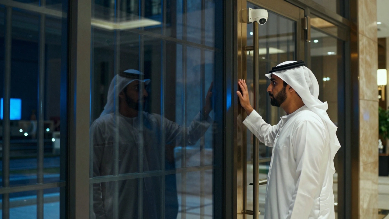 Visitor in hotel lobby sees his reflection transform into jail bars under security camera.