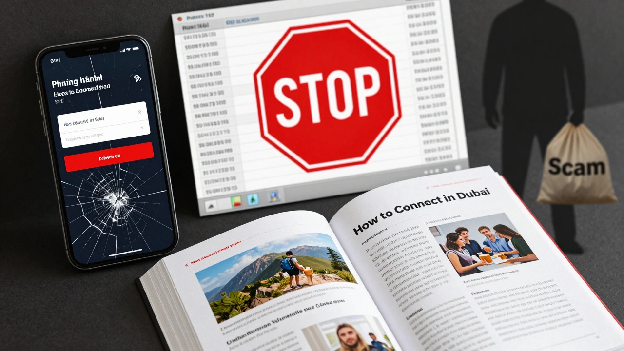 Warning symbols over scam numbers with images of real social activities in foreground.