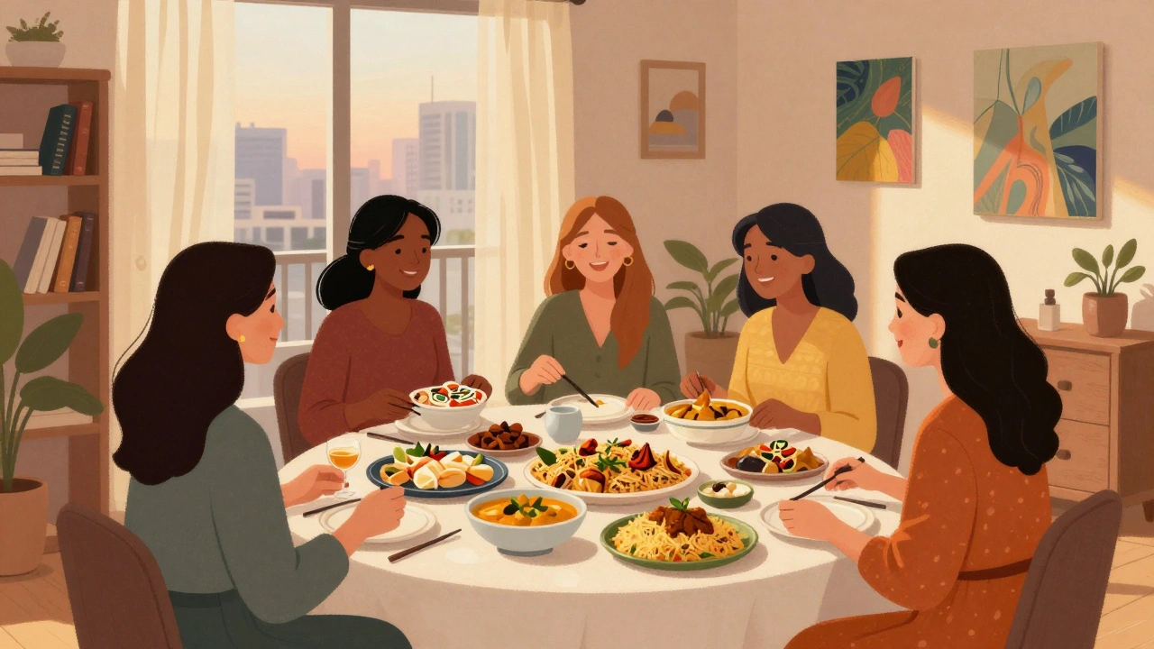 Women from different cultures sharing a meal and laughter in a cozy Dubai apartment.