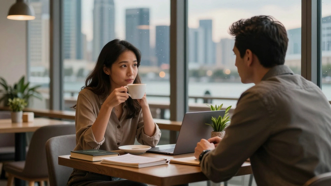 A calm café conversation in DIFC with books and coffee, no phones, soft evening light.