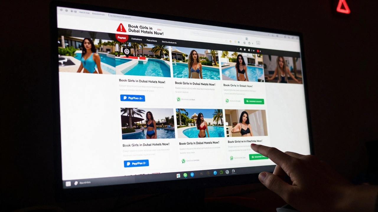 A computer screen displaying fake websites promising 'girls in Dubai hotels,' with PayPal buttons and WhatsApp codes, in a dark room.