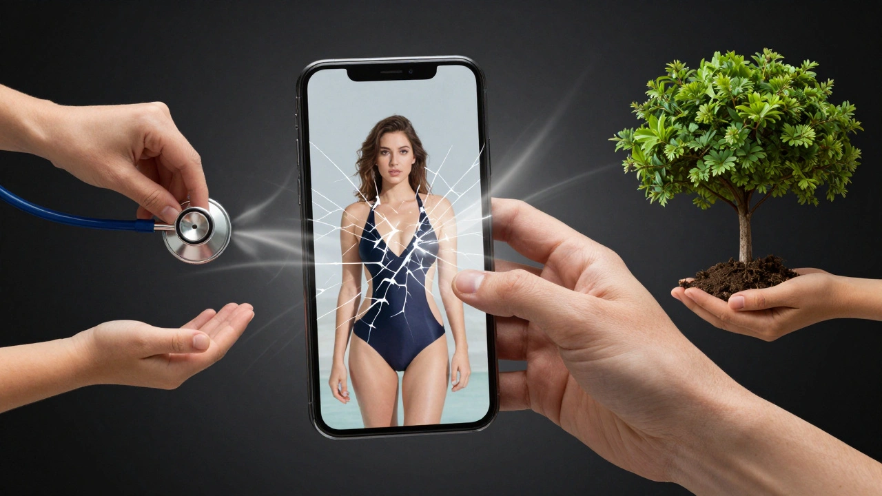 A cracked phone screen showing a fake glamour image, while real hands holding symbols of healthcare, parenting, and environmental work emerge from behind.