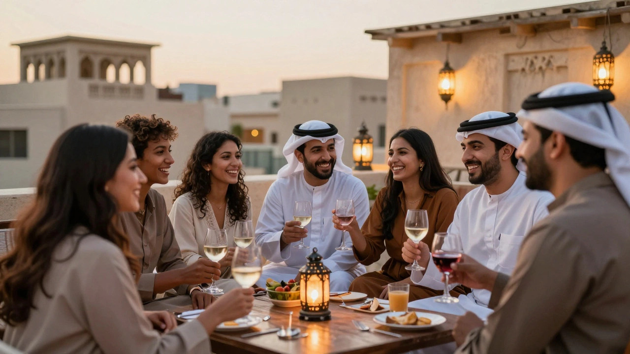 A diverse group enjoys a rooftop cultural event in Abu Dhabi with warm lighting and traditional decor.