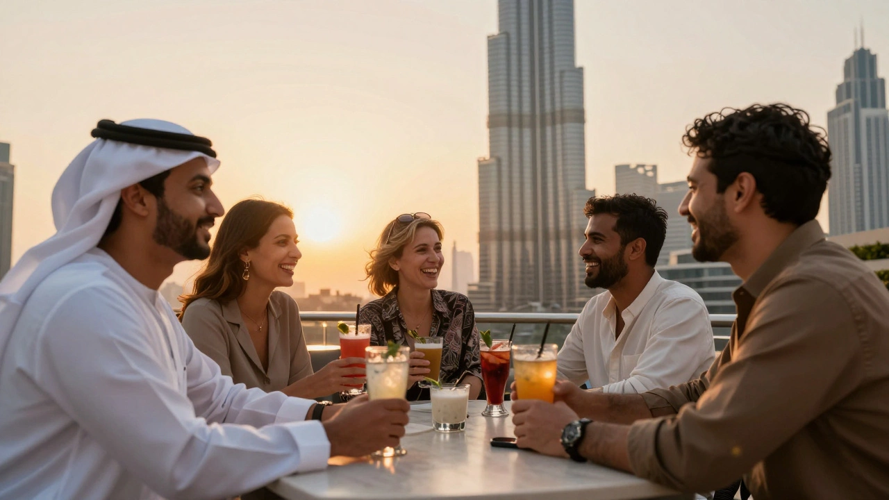 A diverse group enjoys sunset drinks at a Dubai rooftop bar, sharing laughter and genuine connection.