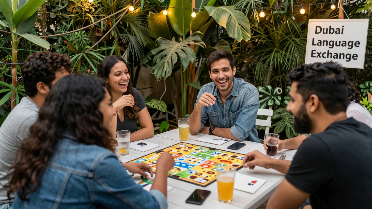 A diverse group of expats enjoying a social Meetup event in a garden at night.