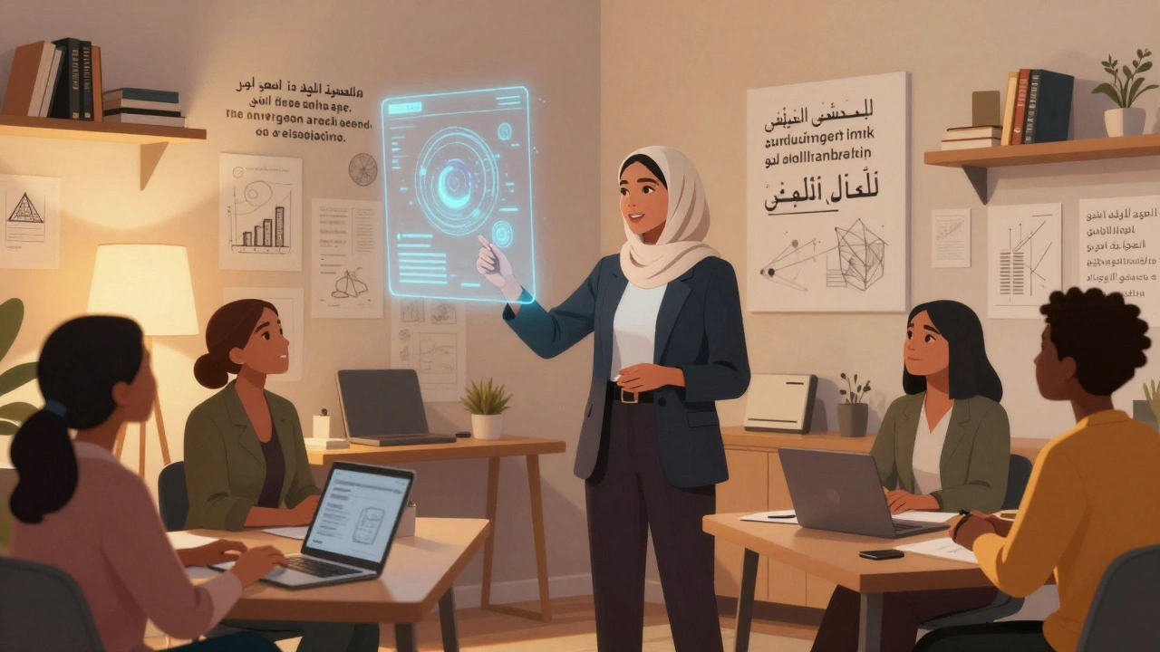 A female engineer presenting technology to a team of women in a Dubai incubator, surrounded by books and digital interfaces.