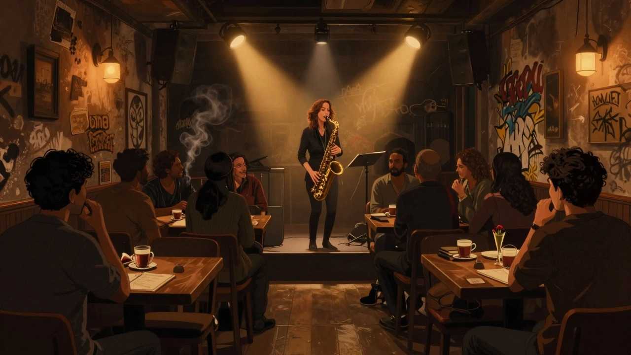A female saxophonist performs in a dimly lit underground jazz bar in Alserkal Avenue, surrounded by attentive listeners.