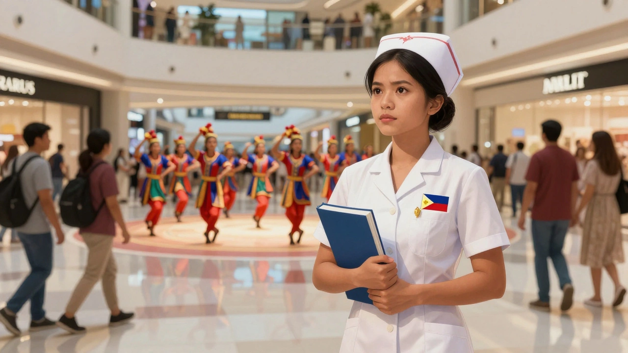 A Filipino nurse walking through Dubai Mall as a dance troupe performs nearby.