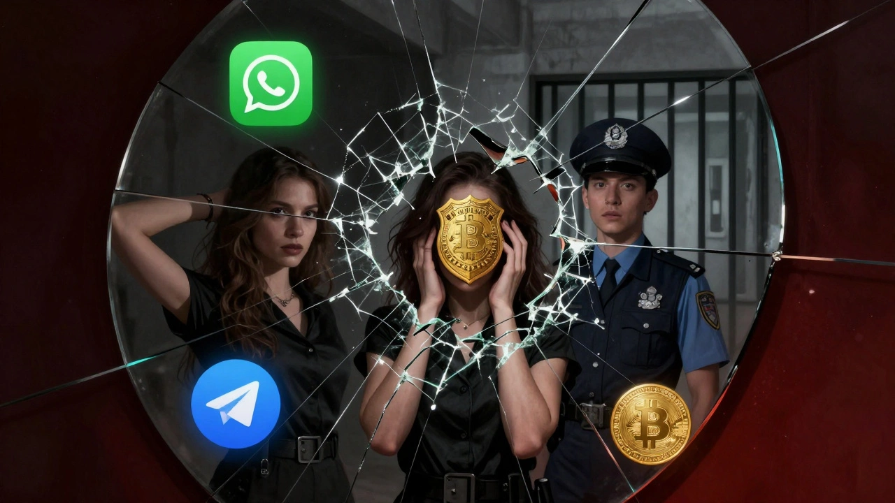 A fractured mirror shows a model, police badge, and prison cell, surrounded by digital app icons.