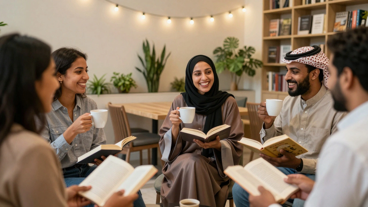 A group of expats laughing at a book club in Riyadh, enjoying coffee and conversation.