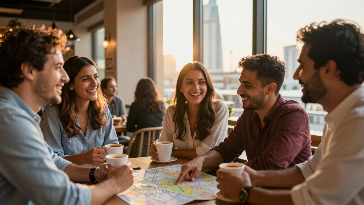 A group of expats smiling and chatting warmly in a cozy Dubai café during golden hour.