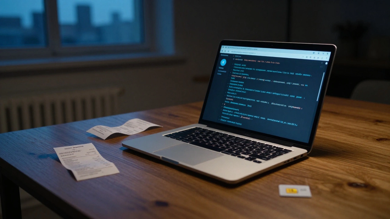 A laptop displaying encrypted messages on a table with a receipt and SIM card nearby.