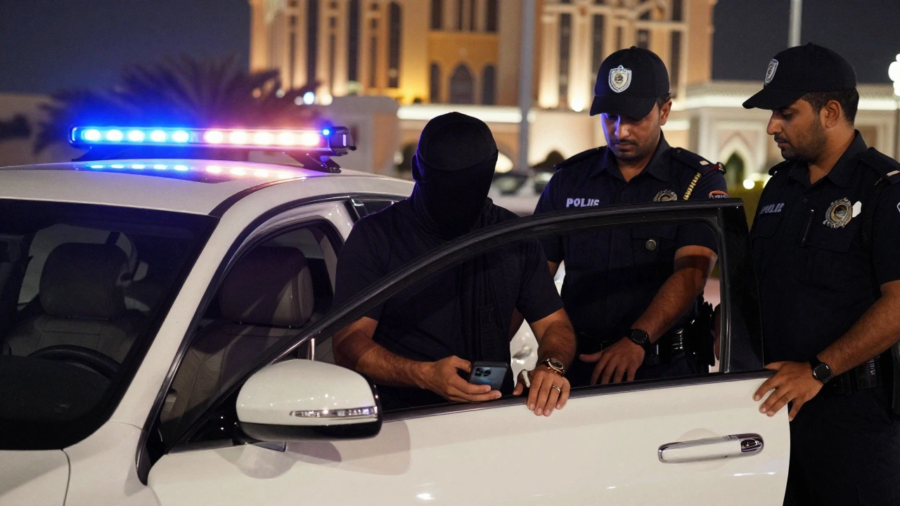 A man is escorted by police in Abu Dhabi, his personal items being seized under bright police lights.