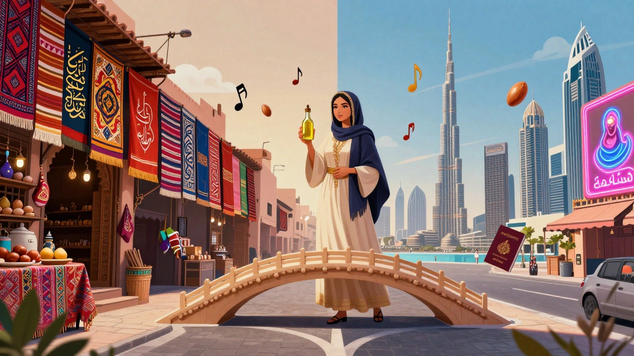 A Moroccan woman standing between Marrakech and Dubai, holding argan oil as a symbol of cultural connection and identity.
