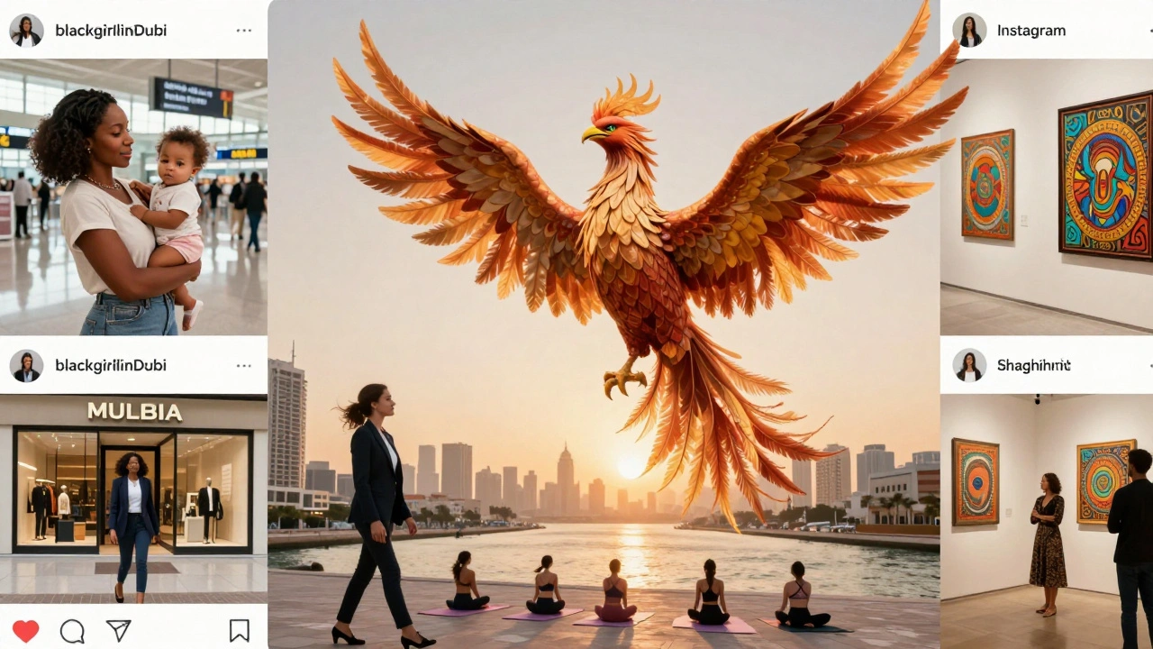 A mosaic of real-life moments showing Black women thriving in Dubai — at the airport, at yoga, in art galleries.
