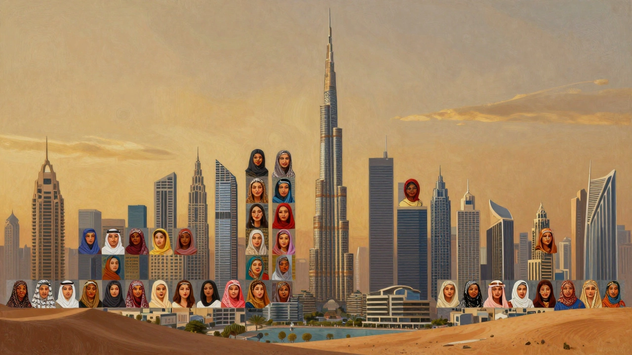A mosaic skyline of Dubai made from portraits of women from different cultures, blending tradition and modernity.