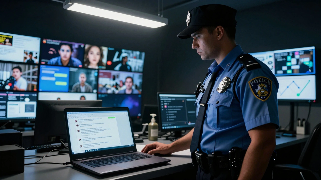 A police officer examines seized digital evidence of illegal escort ads in a Dubai police evidence room.