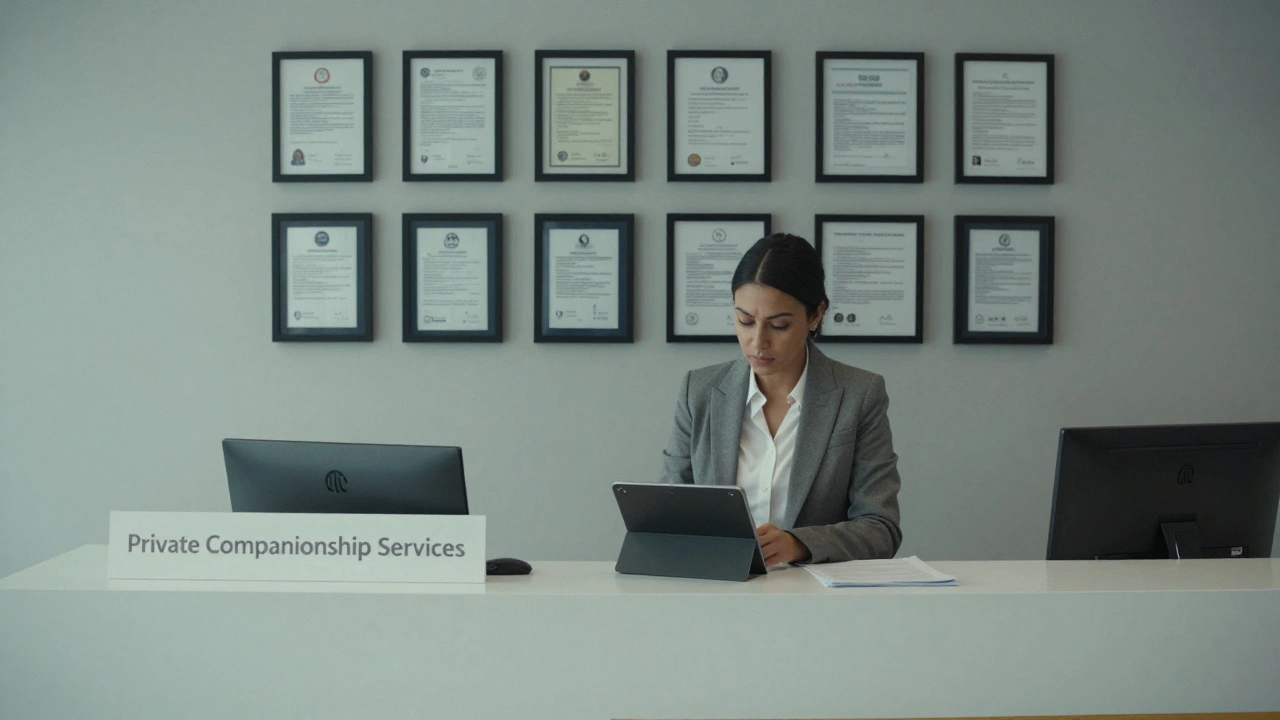 A professional agency office in Dubai with discreet client verification documents and minimalist decor.