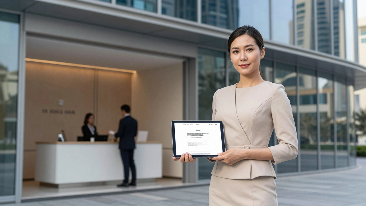 A professional woman stands outside a modern Dubai office with a clean website on her tablet.