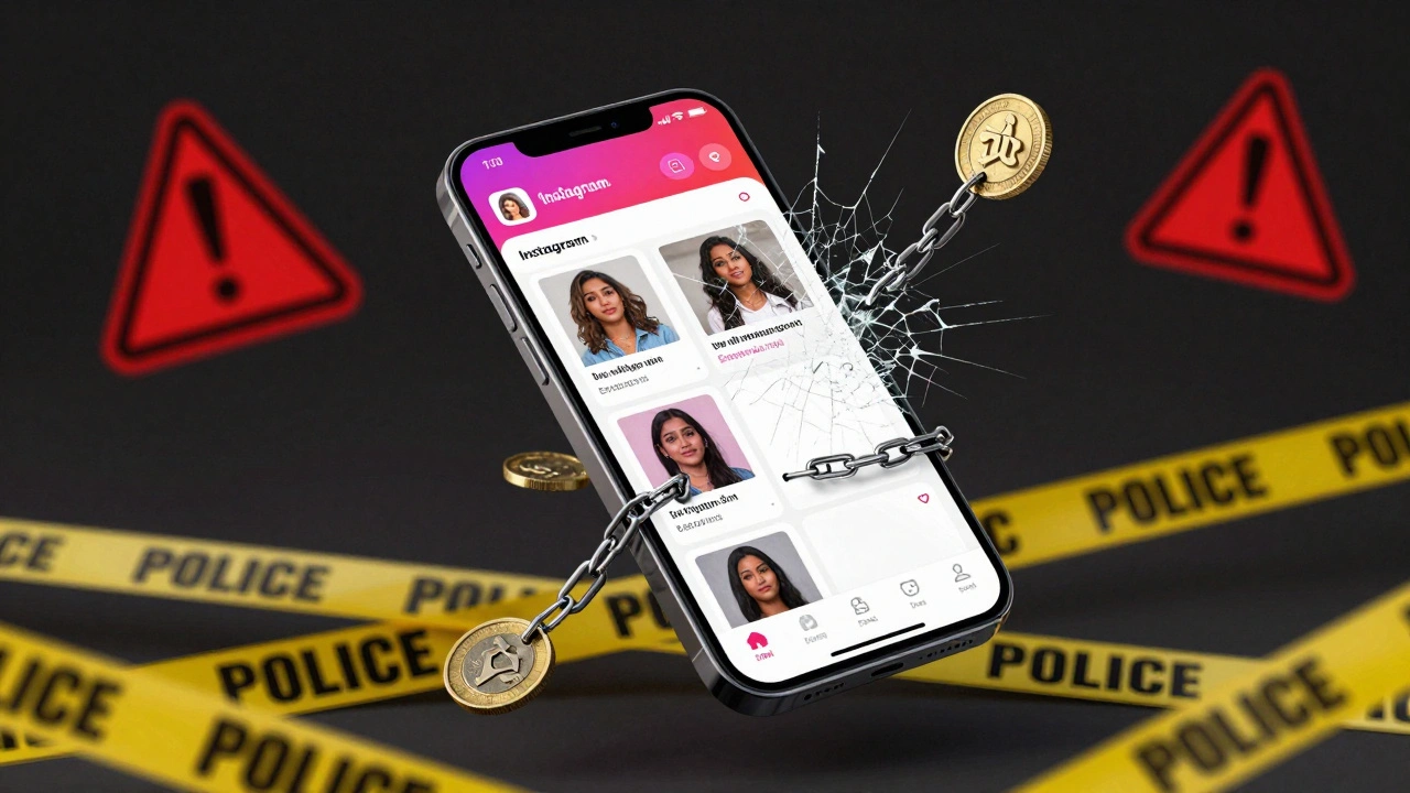 A shattered phone displaying stolen escort photos, bound by chains made of currency, with warning symbols.