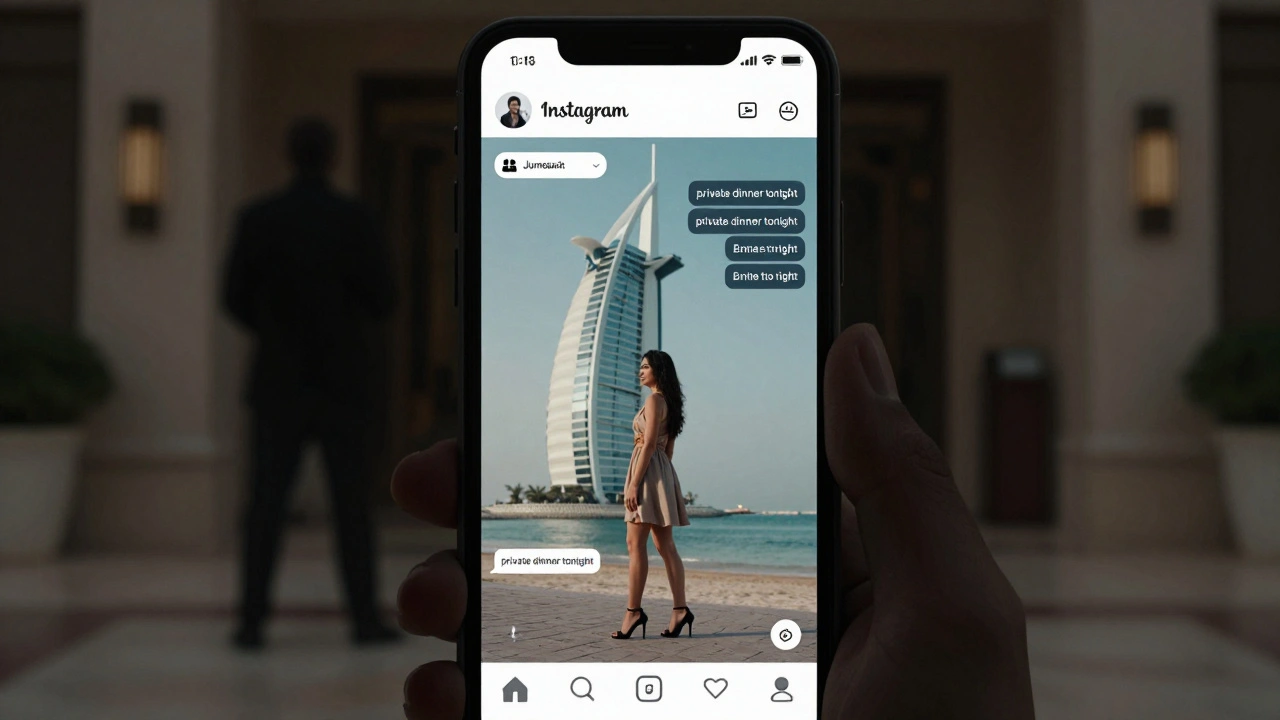 A smartphone displays a fake Instagram escort profile with stock photos and coded captions against a Dubai landmark.