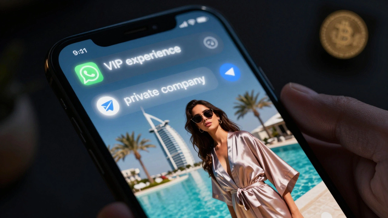 A smartphone screen displays coded messages and a poolside photo, hinting at discreet escort services.