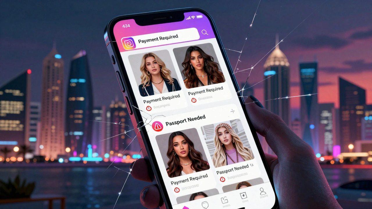 A smartphone screen shows fake escort ads with scam warnings, overlaid on Doha's skyline at dusk.