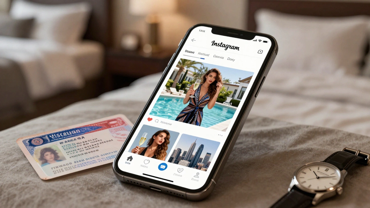 A smartphone shows curated social media photos of a woman beside luxury settings, ambiguous captions visible.