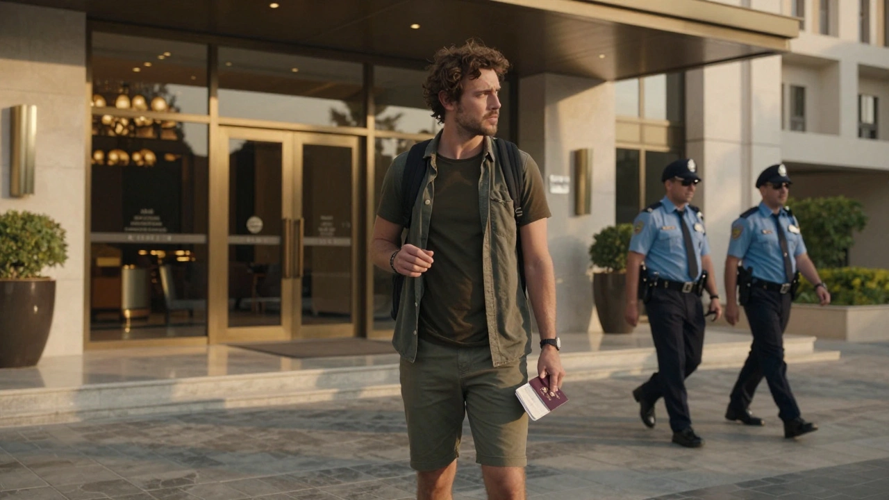 A traveler glancing nervously at police officers near a Dubai hotel entrance, holding their passport under the golden evening light.
